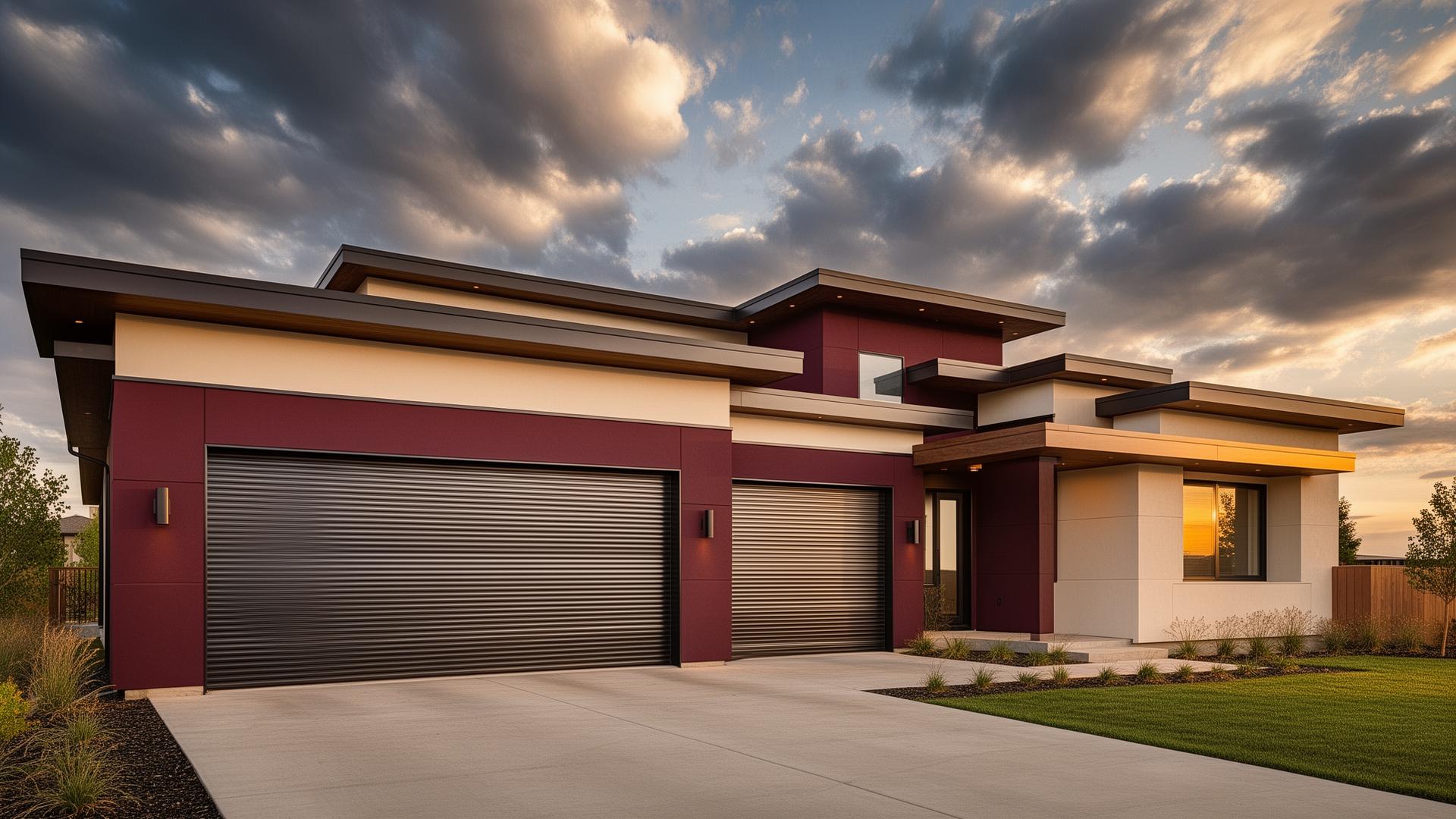 Modern prairie style home with industrial ribbed steel garage doors in Middlebranch, Ohio